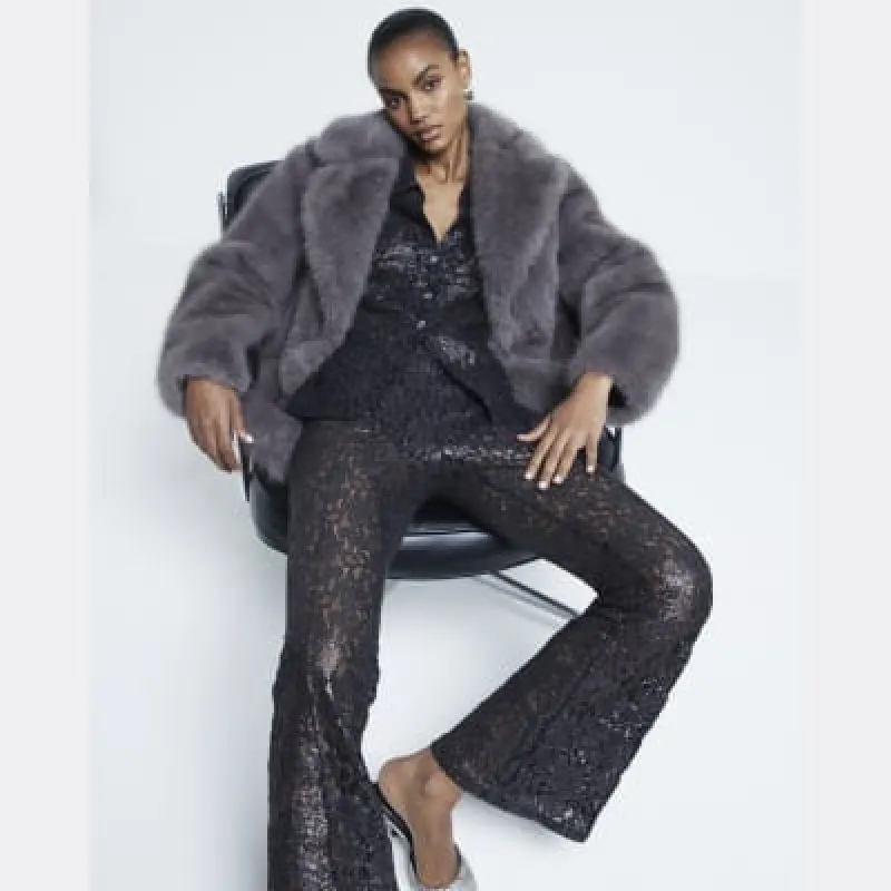 Black Metallic Lace Trousers sold by River Island