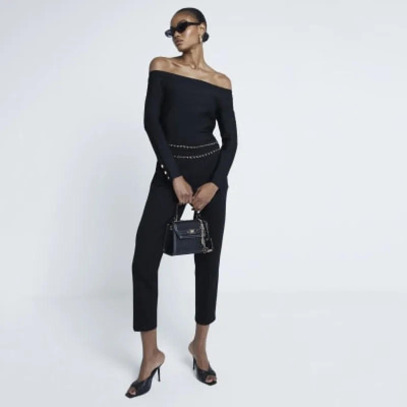 Black Long Sleeve Bandage Bardot Knit Top sold by River Island