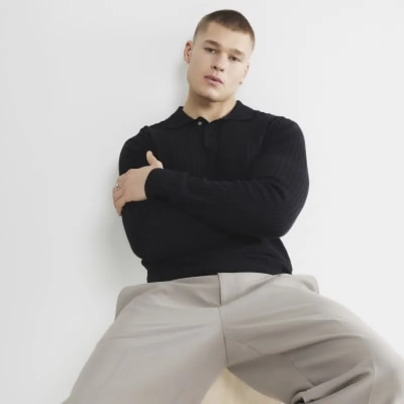 Black Long Sleeve Knit Polo Shirt sold by River Island