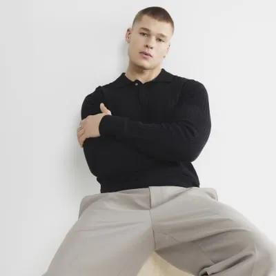 Black Long Sleeve Knit Polo Shirt sold by River Island