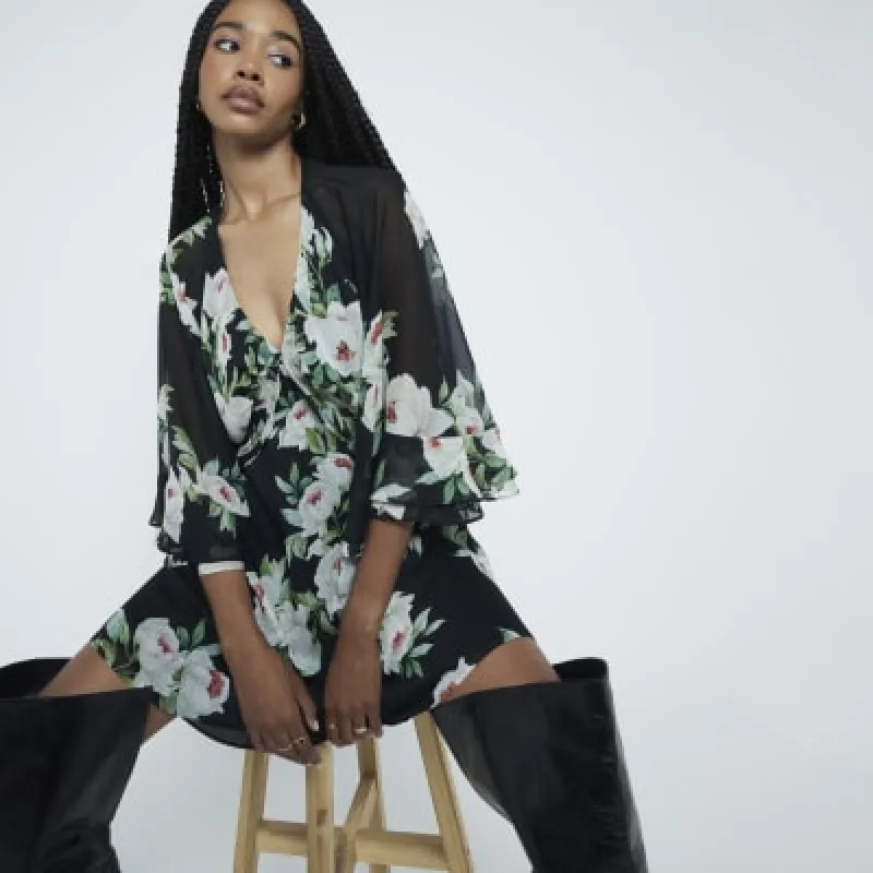 Black Long Sleeve Floral Cape Mini Dress sold by River Island