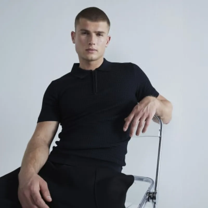 Black Muscle Fit Textured Polo Shirt sold by River Island