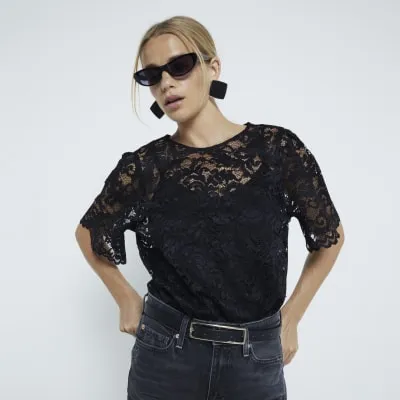 Black Short Sleeve Lace Top sold by River Island