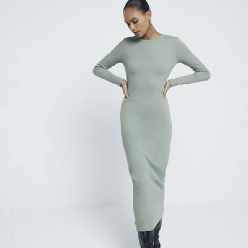 Khaki Long Sleeve Ribbed Midi Dress sold by River Island