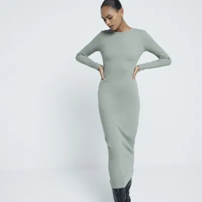Khaki Long Sleeve Ribbed Midi Dress sold by River Island