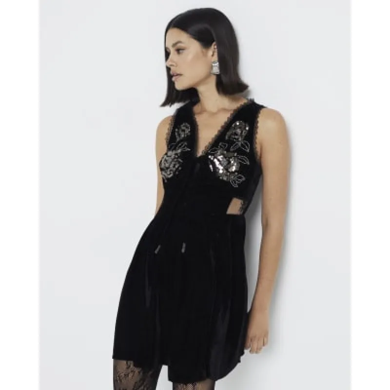 Black Velvet Lace Mini Corset Skater Dress sold by River Island