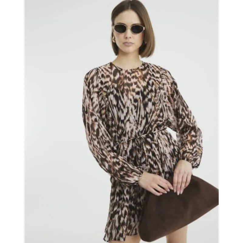 Brown Abstract Print Belted Mini Dress sold by River Island