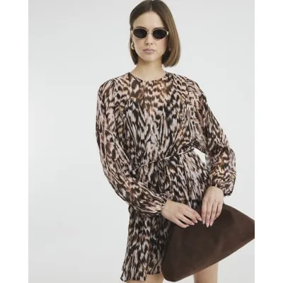 Brown Abstract Print Belted Mini Dress sold by River Island