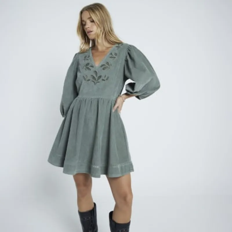 Khaki Corduroy Cutwork Mini Skater Dress sold by River Island