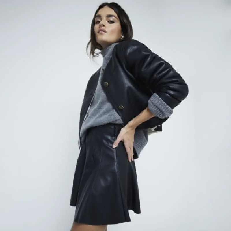 Black Faux Leather Flared Mini Skirt sold by River Island