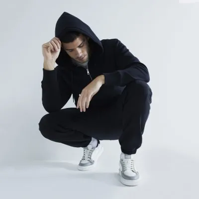 Black Quarter Zip Drawstring Hoodie sold by River Island