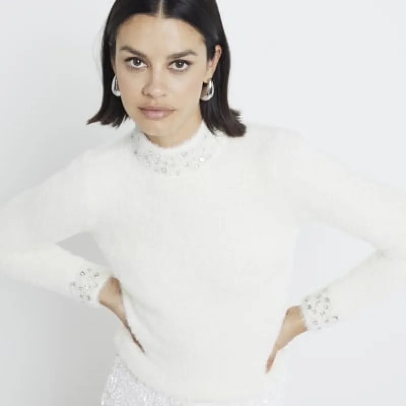 Cream Embellished High Neck Fluffy Jumper sold by River Island