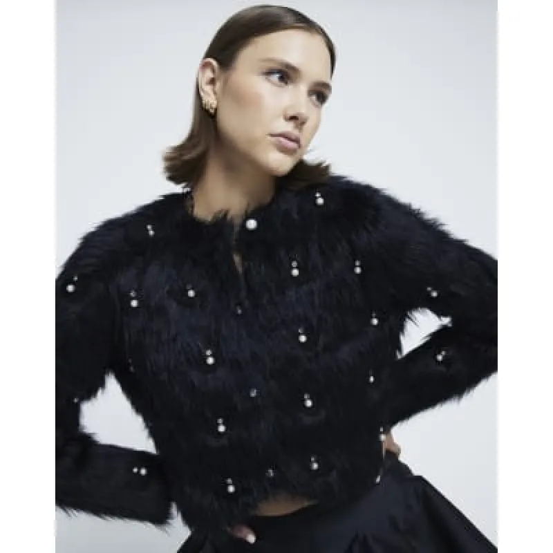 Black Embellished Faux Fur Cardigan sold by River Island