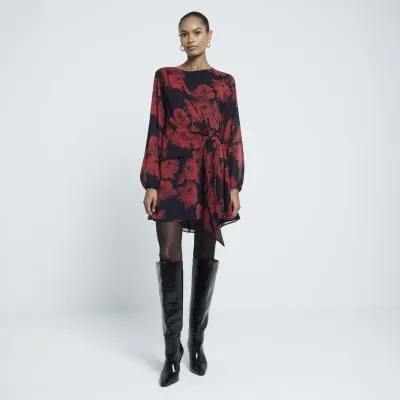 Red Floral Long Sleeved Tie Front Mini Dress sold by River Island