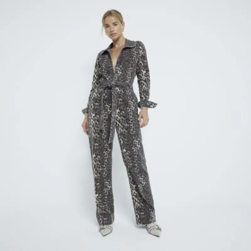 Brown Leopard Print Denim Jumpsuit sold by River Island