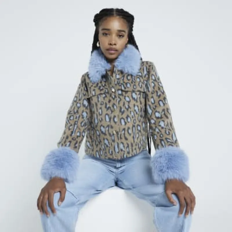 Brown Leopard Print Faux Fur Collar Jacket sold by River Island