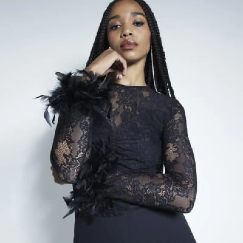 Black Lace Feather Cuff Bodysuit sold by River Island
