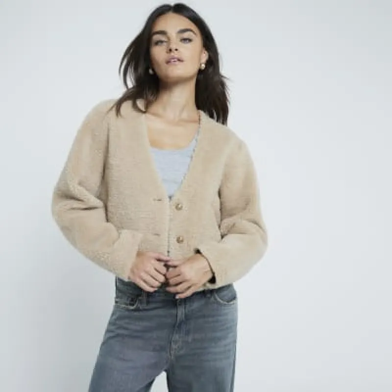 Beige Buttoned Shearling Cardigan made by River Island