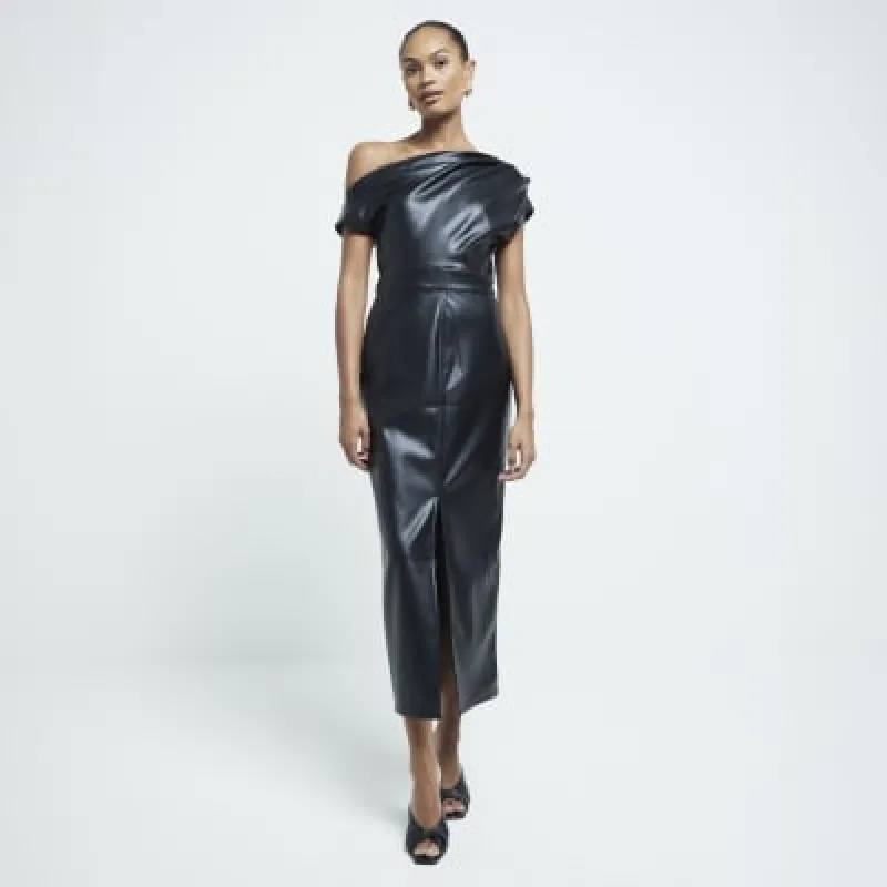 Black Faux Leather Ruched Midi Dress sold by River Island