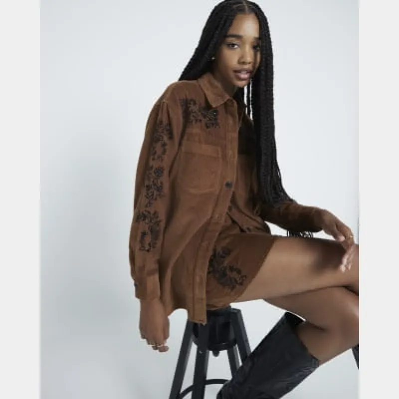 Brown Long Sleeved Embellished Corduroy Shirt sold by River Island