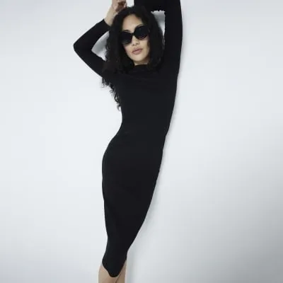 Black Long Sleeve Ribbed Midi Dress sold by River Island