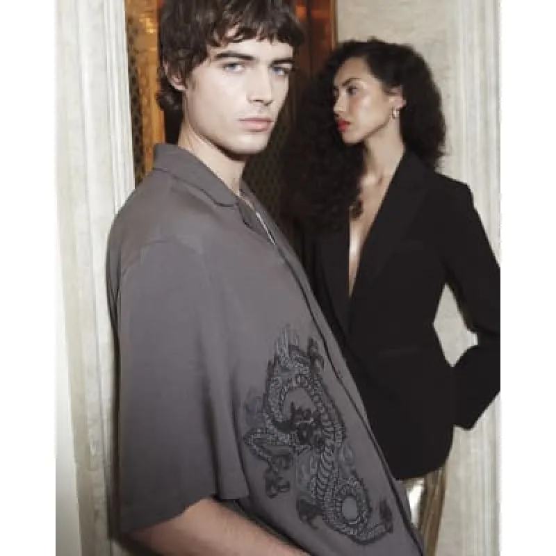 Grey Regular Fit Dragon Embroidery Shirt sold by River Island