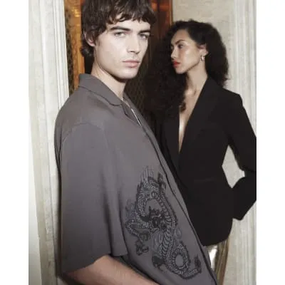 Grey Regular Fit Dragon Embroidery Shirt sold by River Island
