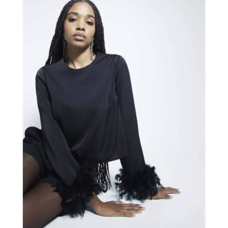Black Satin Feather Cuff Long Sleeve Top sold by River Island