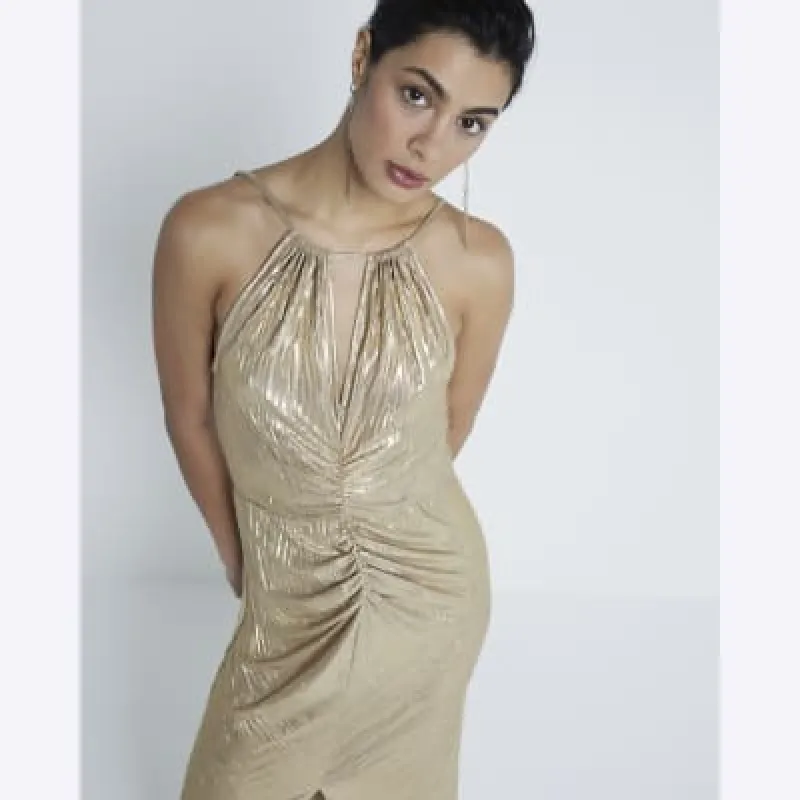 Gold Sleeveless Plisse Midi Column Dress sold by River Island