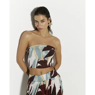 Blue Leaf Print Shirred Bandeau Top sold by River Island
