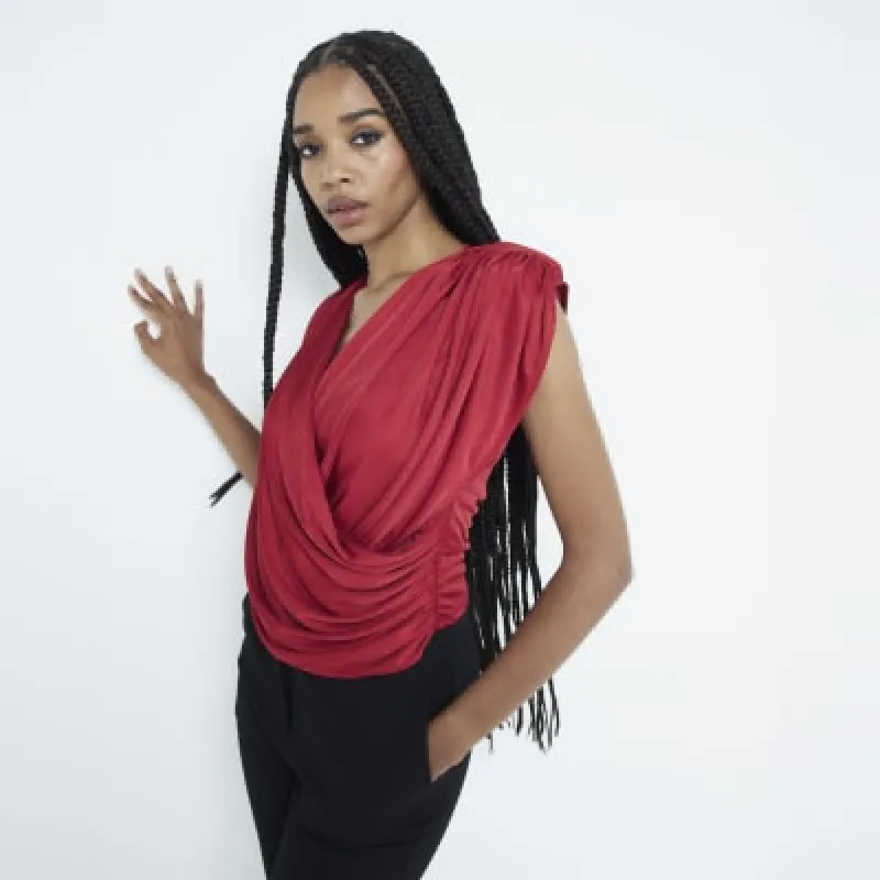 Red Short Sleeve Wrap Draped Top sold by River Island