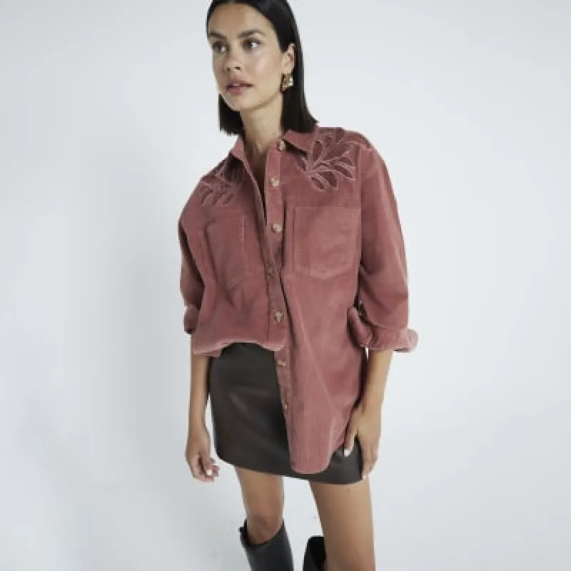 Pink Loose Fit Corduroy Cutwork Shirt sold by River Island