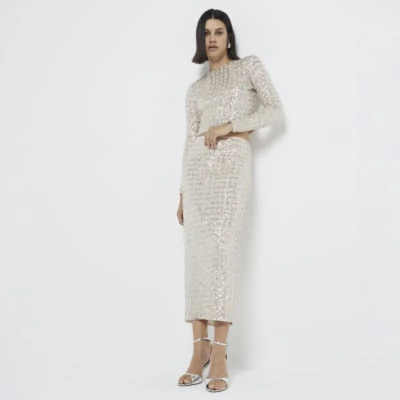 Gold Long Sleeve Check Sequin Top sold by River Island