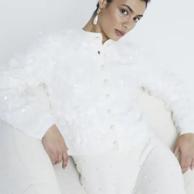 Cream Long Sleeve Sequin Cardigan sold by River Island