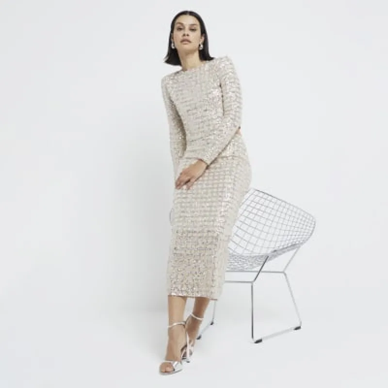 Gold Sequin Check Midi Pencil Skirt sold by River Island