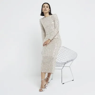 Gold Sequin Check Midi Pencil Skirt sold by River Island