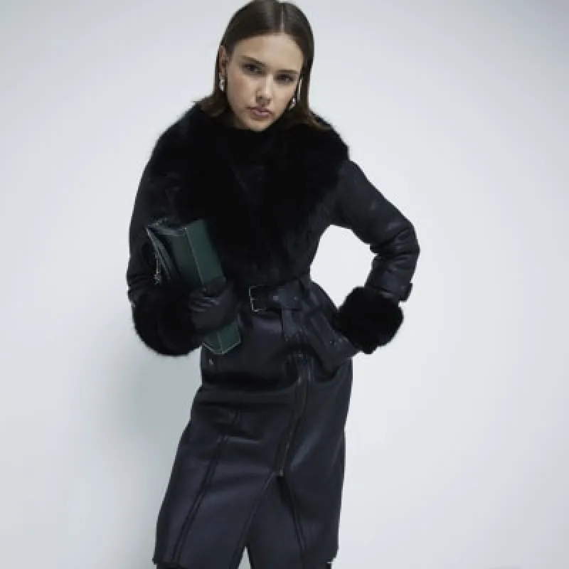 Black Longline Faux Fur Belted Biker Jacket sold by River Island