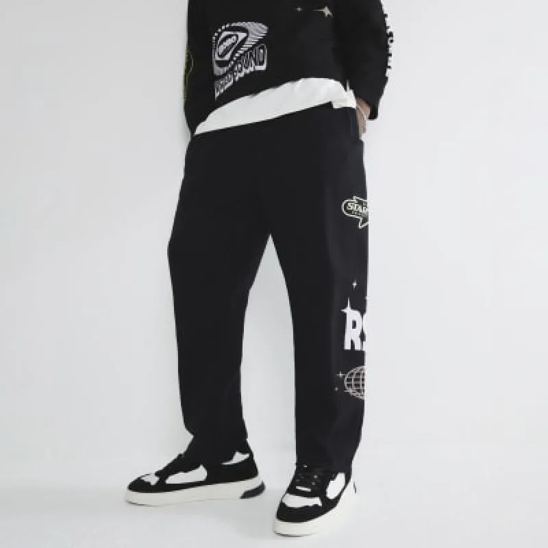 Black Regular Fit Printed Joggers sold by River Island