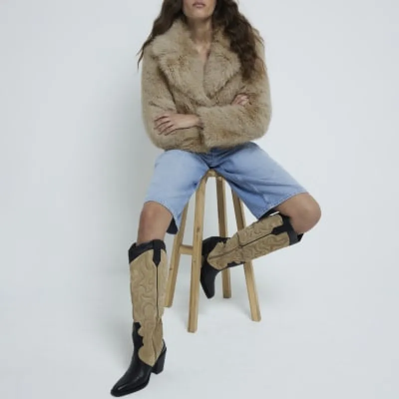 Beige Leather Padded Western High Leg Boots sold by River Island
