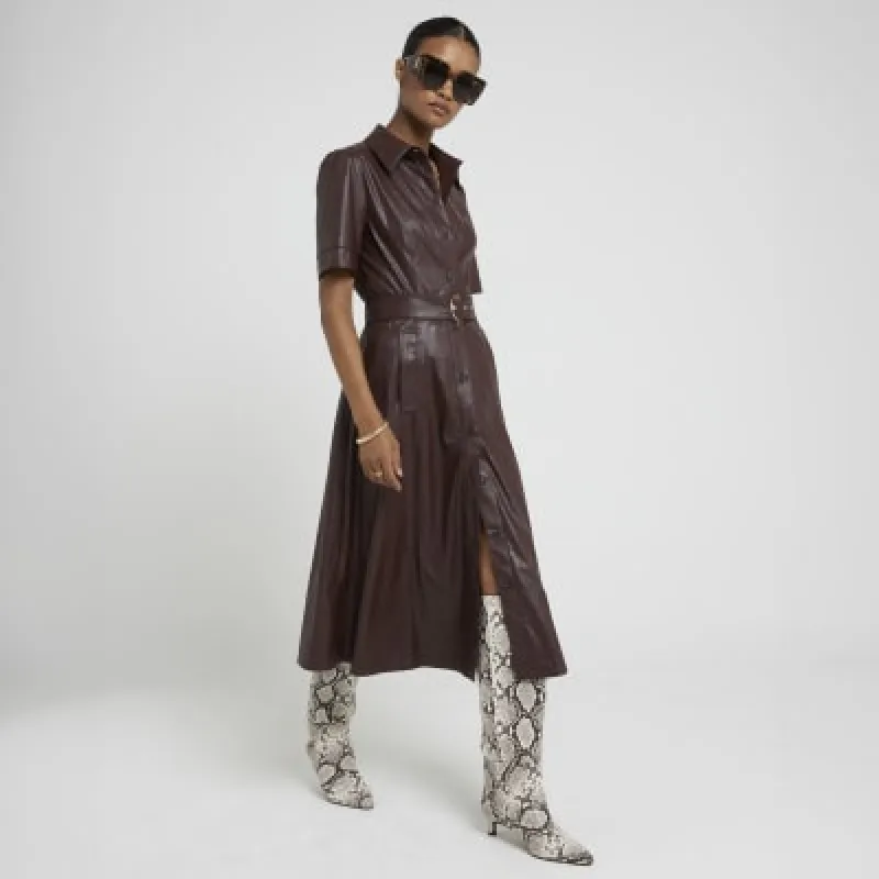 Red Faux Leather Belted Shirt Midi Dress sold by River Island