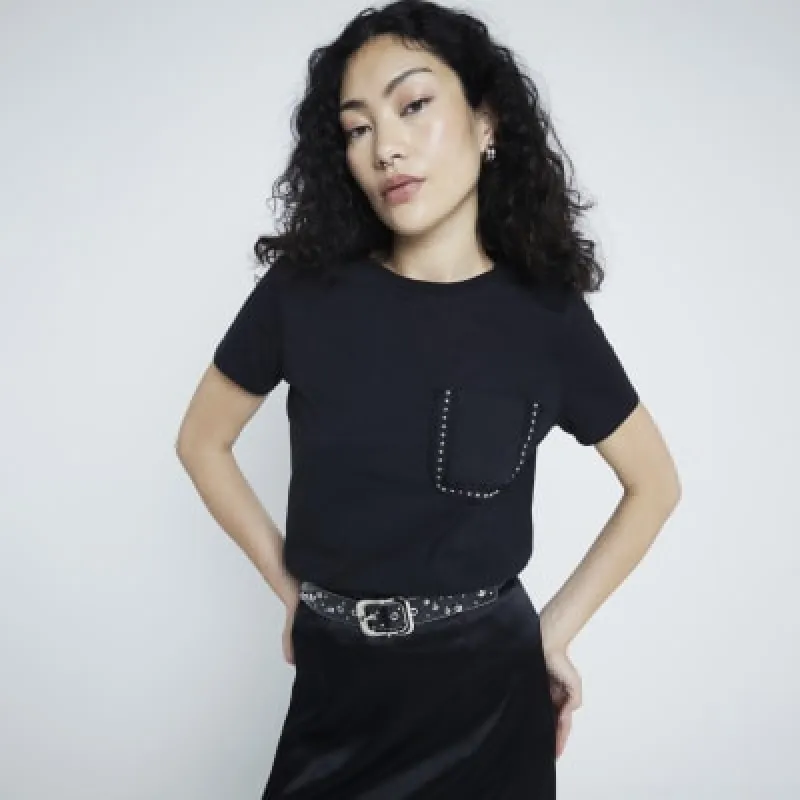 Black Embellished Stud Pocket T-shirt sold by River Island
