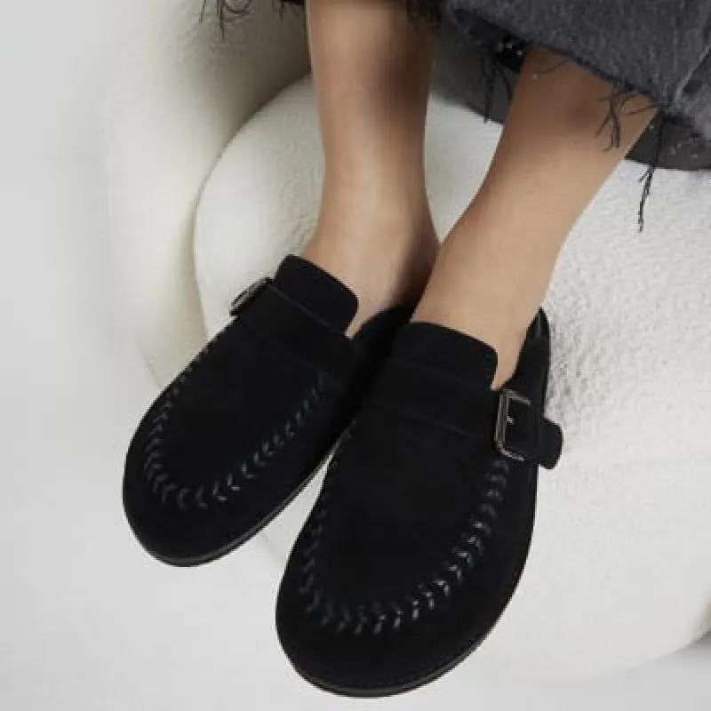 Black Suede Buckle Clog Shoes sold by River Island