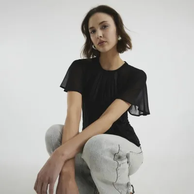 Black Short Sleeved Sheer T-Shirt sold by River Island
