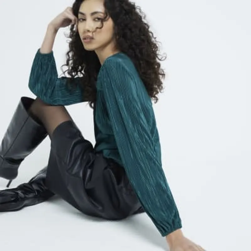 Green Long Sleeved Plisse Wrap Top sold by River Island