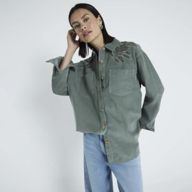 Khaki Loose Fit Corduroy Cutwork Shirt sold by River Island