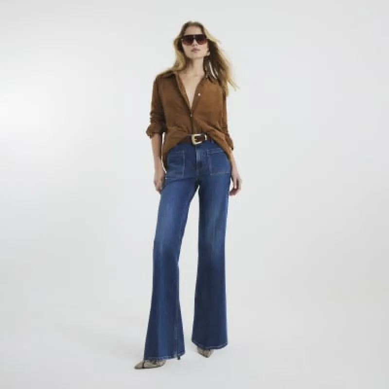 Blue Denim High rise Relaxed Flared Jeans made by River Island