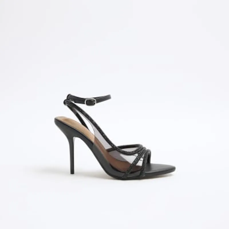 Black Embellished Strap Mesh Heeled Sandals sold by River Island
