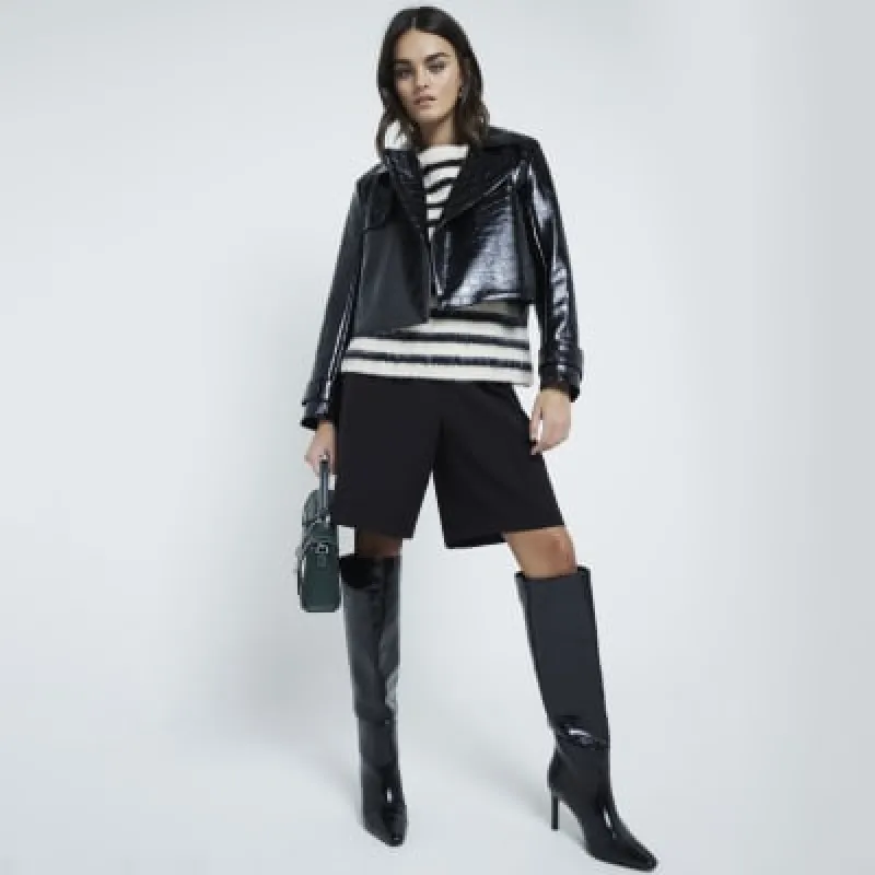 Black Faux Leather Cropped Trench Coat sold by River Island