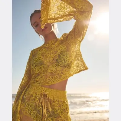 Yellow Long Sleeve Lace Beach Top sold by River Island