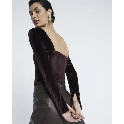 Brown Long Sleeved Velvet Scoop Back Top sold by River Island